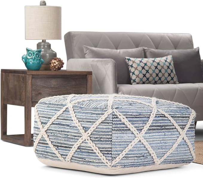 SIMPLIHOME Cowan Boho Square Pouf in Blue, Natural Handloom Woven - Image 2