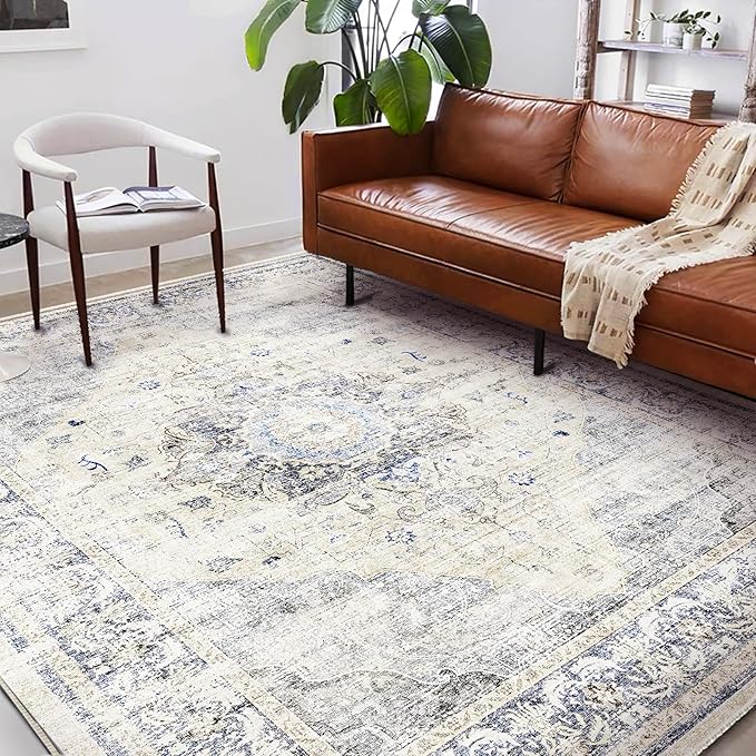 Washable Area Rug 9'x12' Floral Blue Boho Design Non-Shedding Easy Care Ideal - Image 3
