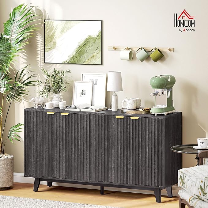 HOMCOM Fluted Sideboard Buffet Cabinet, 2 Adjustable Shelves and 5 Wood Legs - Image 2