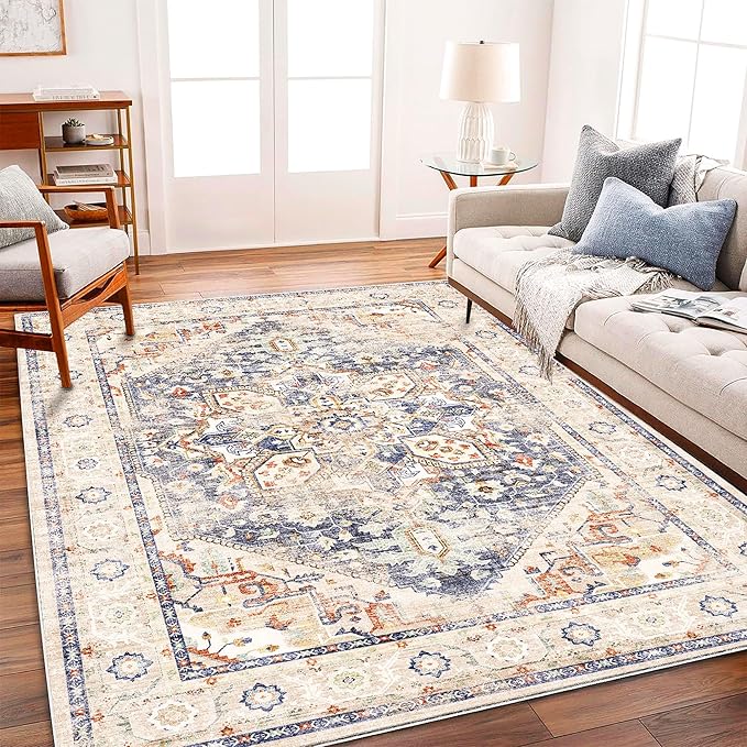 Washable Area Rug 8'x10' Blue Khaki Retro Boho Design Non-Shedding Non-Slip - Image 2