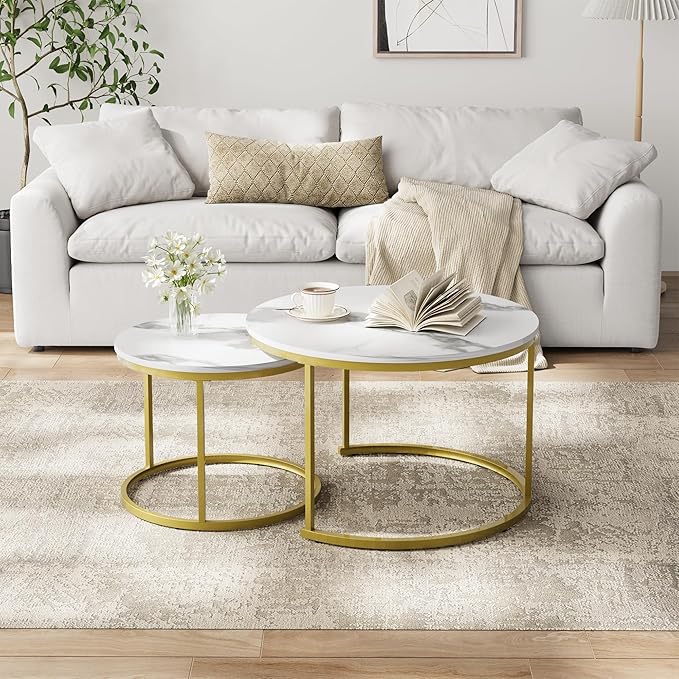 Smuxee White Nesting Coffee Table Set of 2, 27.6" Round Coffee Table Wooden - Image 3