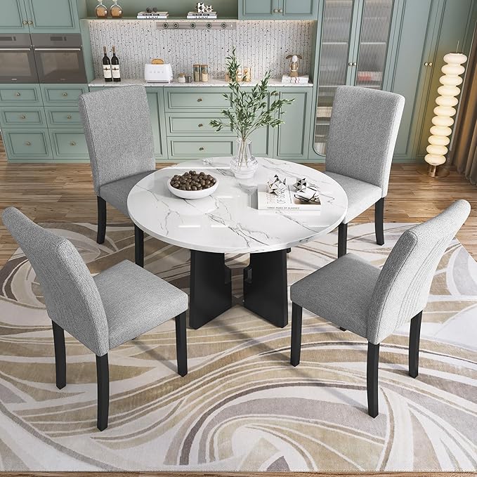 Merax 5-Piece Round Dining Table Set, Modern 4 Upholstered Chairs - Image 7