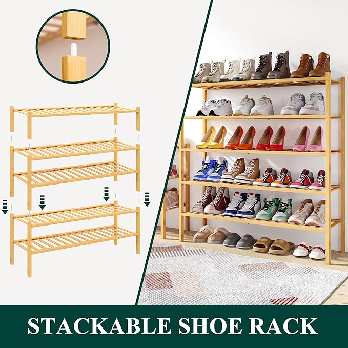 Smiry Shoe Rack, 2 Tier Long Bamboo Shoe Organizer, Stackable Free Standing - Image 4