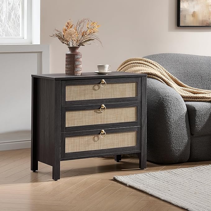 SICOTAS Night Stand with Drawers, Large Rattan Bedside Table with Golden Handle - Image 8