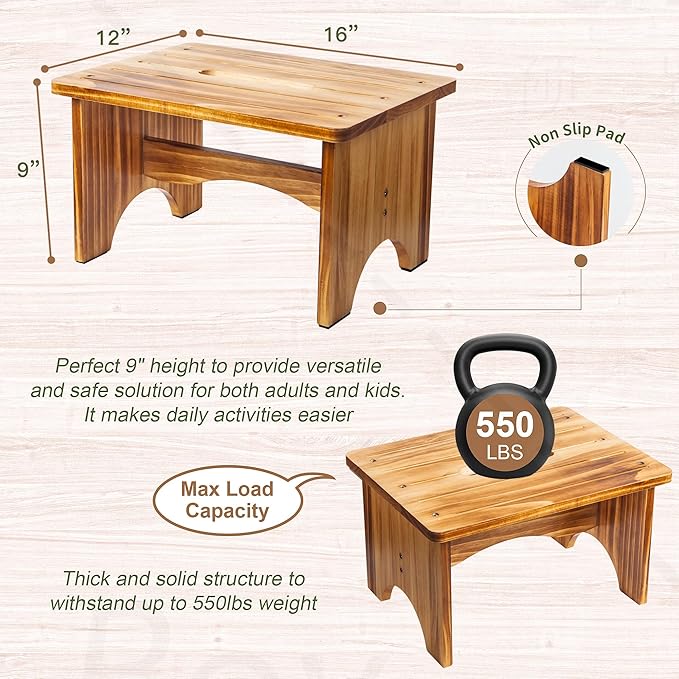 Wooden Step Stool for Adults, Heavy Duty One Step Bedside Stool - Image 2