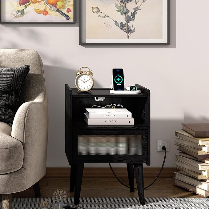 Nightstand with Charging Station, Bedside Tables with Glass Decorative Door - Image 5