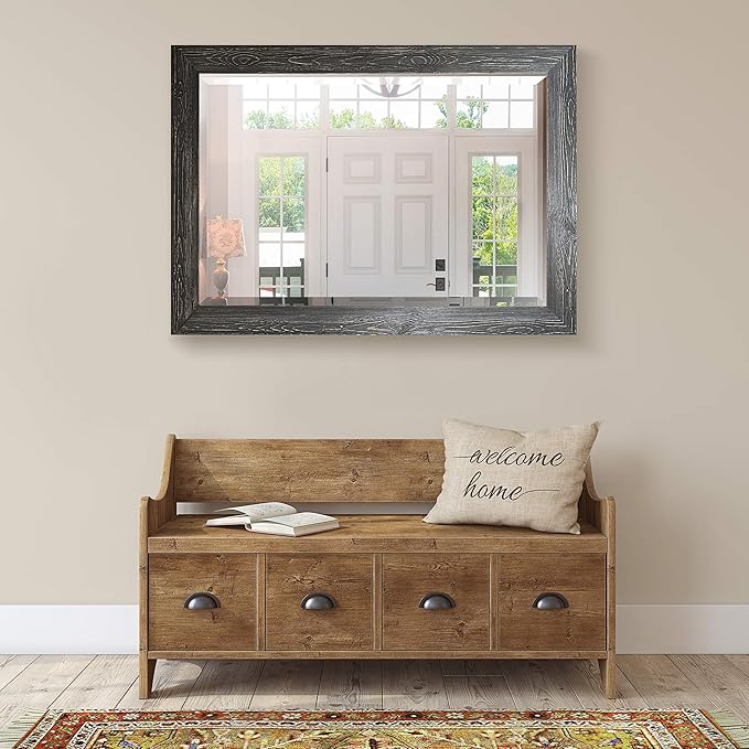 Black Rustic Mirror Rectangular Barnwood Framed Wall Mirror - Image 3