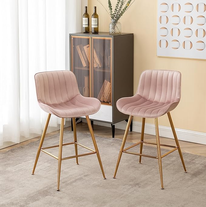 Sidanli Pink Bar Stools Set of 2, Velvet Counter Stools by Sidanli