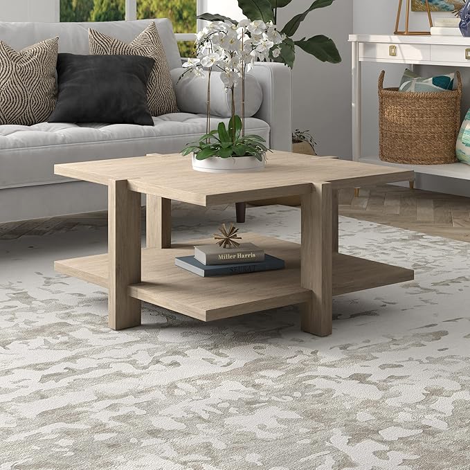 Henn&Hart 35" Wide Square Coffee Table in Antiqued Gray Oak, - Image 2