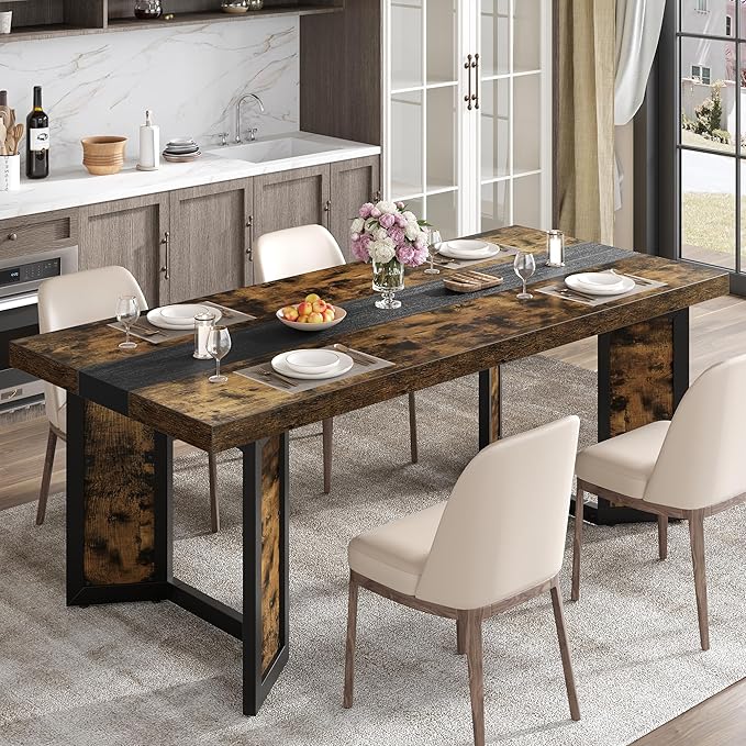 Industrial Dining Table for 6-8 People, Rustic Style Rectangular Dinner Table by KNOWORLD