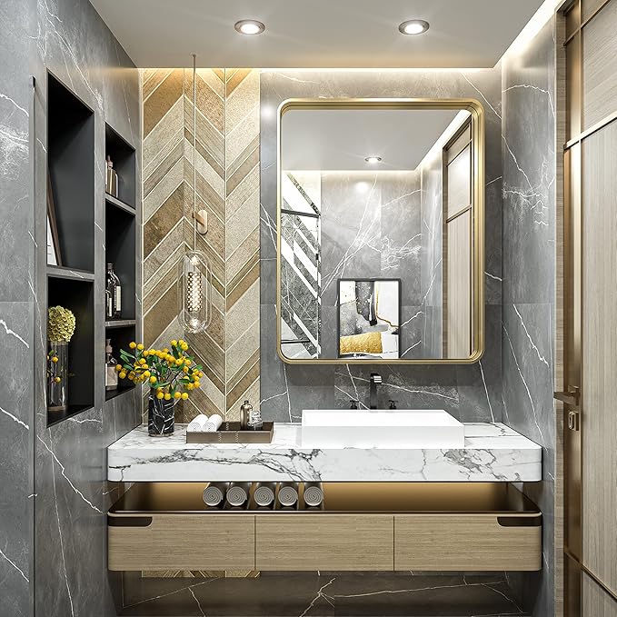 TokeShimi Gold Bathroom Mirror for Wall 30 x 36 Inch Metal Rounded Corner - Image 2