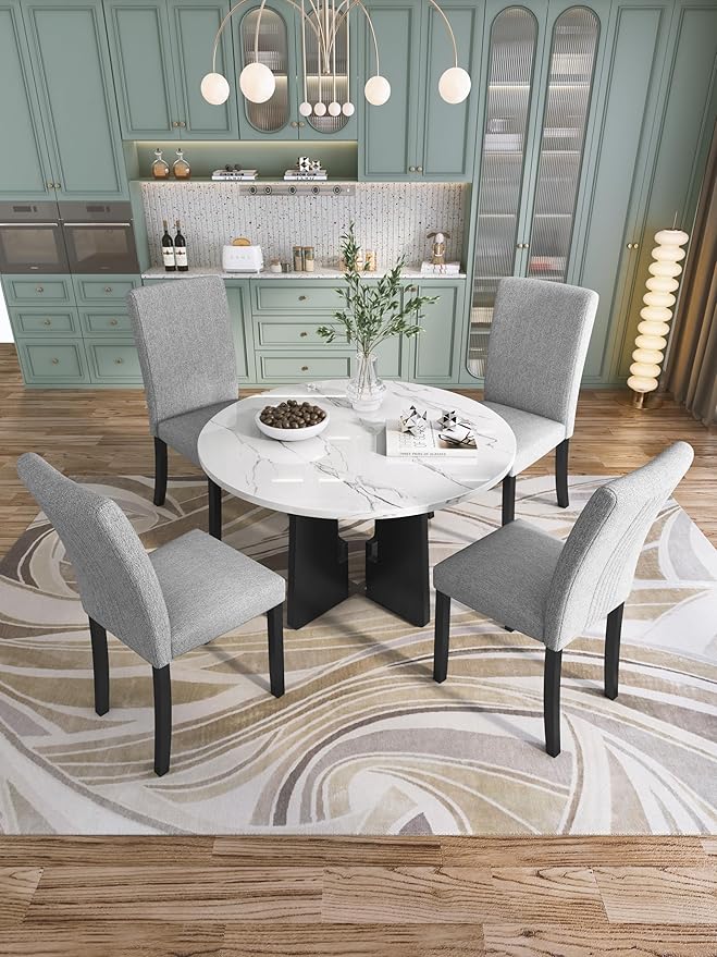 Merax 5-Piece Round Dining Table Set, Modern 4 Upholstered Chairs - Image 6