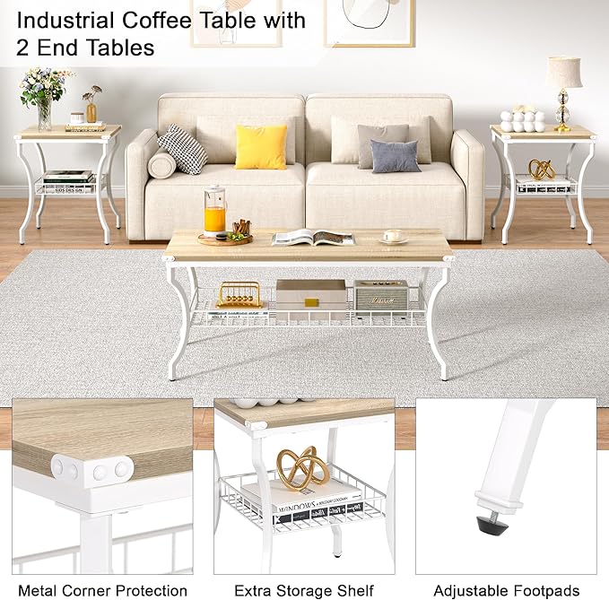 VECELO 3 Pieces Living Room Table Sets, Coffee and End Tables - Image 3