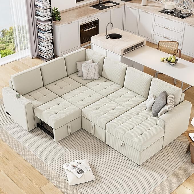 107.5" Corduroy U Shaped Sofa, Sectional Sleeper Couch Pull Out Bed - Image 3