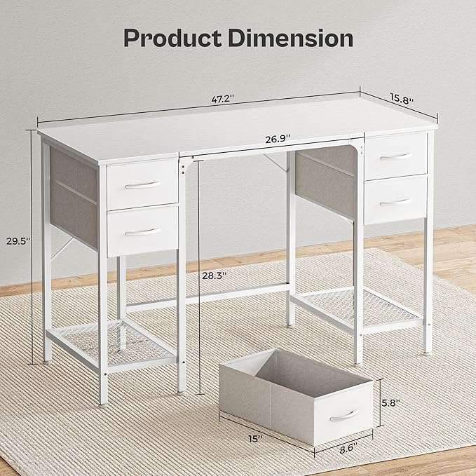 Huuger 47 Inch White Desk with 4 Drawers, Vanity Desk with Mesh Shelf, Study - Image 3