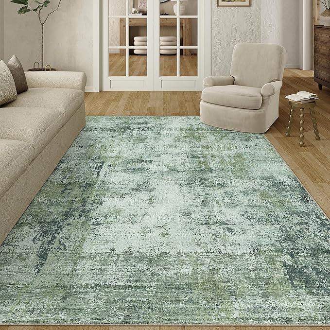 6x9 Washable Area Rug Dark Green Modern Neutral Abstract Living Room Bedroom - Image 4