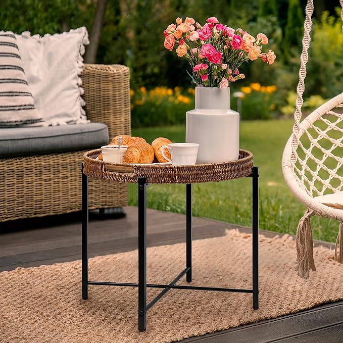 Brown Small Round End Table, 19in Rattan End Tables, Wicker Rattan Side Table - Image 2