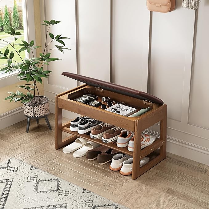 Shoe Rack Bench Seat Rubberwood 2-Tier Wooden Storage Bench 550lbs Compact by IUNVR