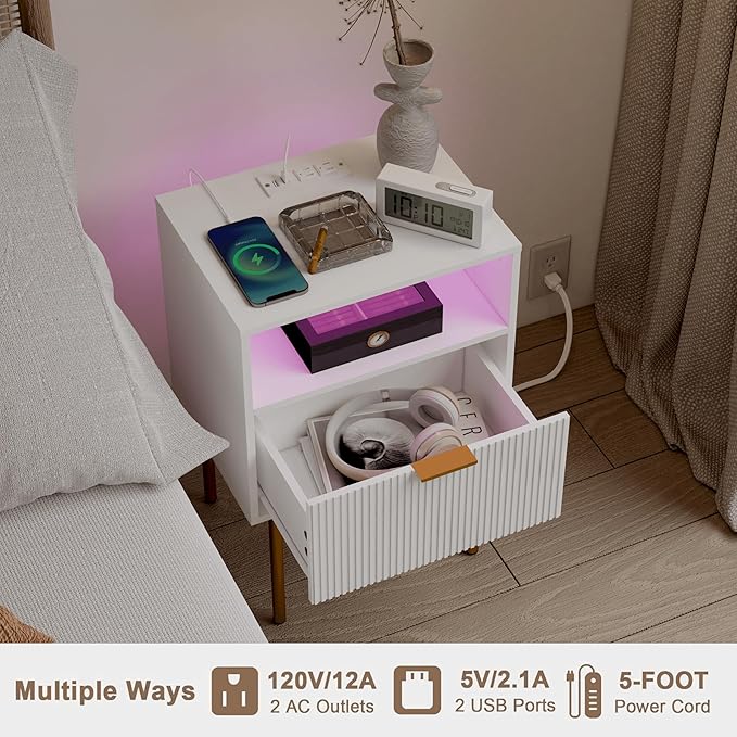Modern Nightstand with Charging Station and LED Lights, Fluted Side Table - Image 6