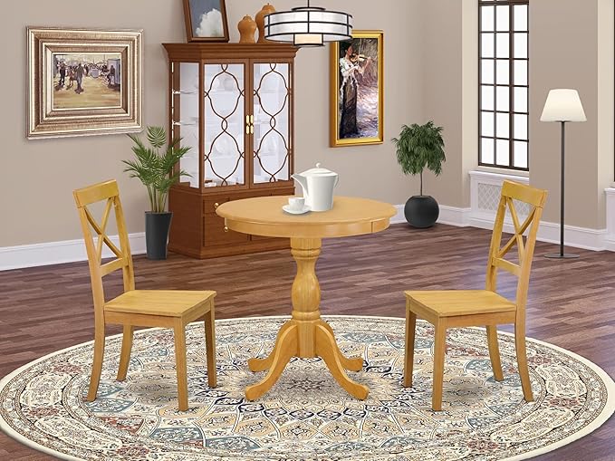 East West Furniture ESBO3-OAK-W 3 Piece Dining Set Contains a Round Dining Room - Image 2