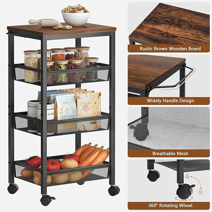 Hoctieon Rolling Storage Cart, 4-Tier Wide Panel Kitchen Storage Cart, Utility - Image 3