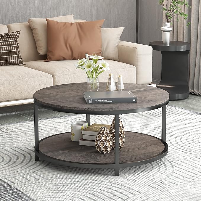 NSdirect Round Coffee Table, 2-Tier Rustic Wood Desktop - Image 3