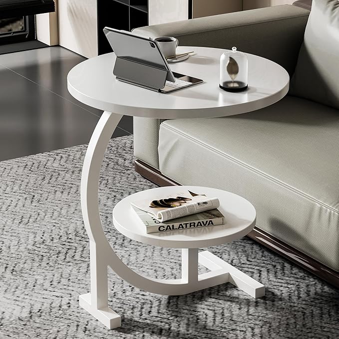 C-Shaped End Table, 2 Tiers Round Side Table, Sofa Small Side Table - Image 2