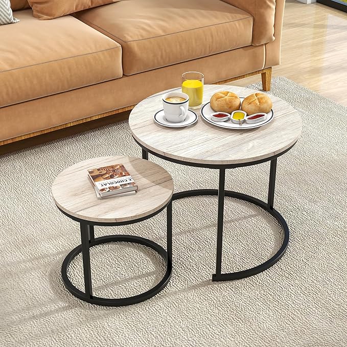 Round Coffee Table Set of 2 for Living Room, Nesting Tables Metal Frame/Wood by HOJINLINERO
