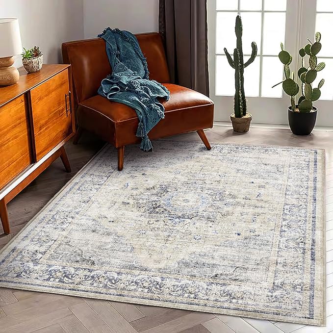 Area Rug 5'x7' Washable Rug Floral Blue Vintage Traditional Floor Cover Thin - Image 3