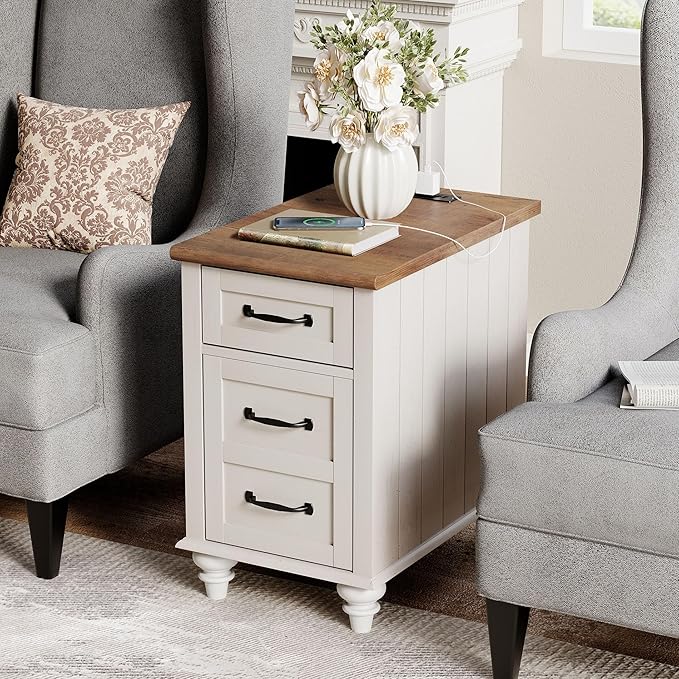 WAMPAT End Table with Charging Station, Wood Nightstand with Power Outlets & by WAMPAT