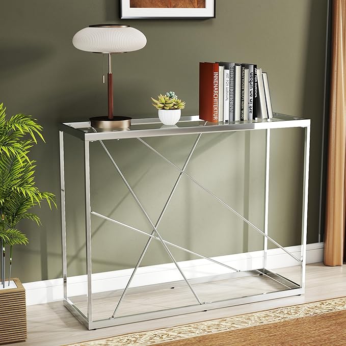 OIOG Glass Console Table for Entryway, Modern Sofa Table - Image 9