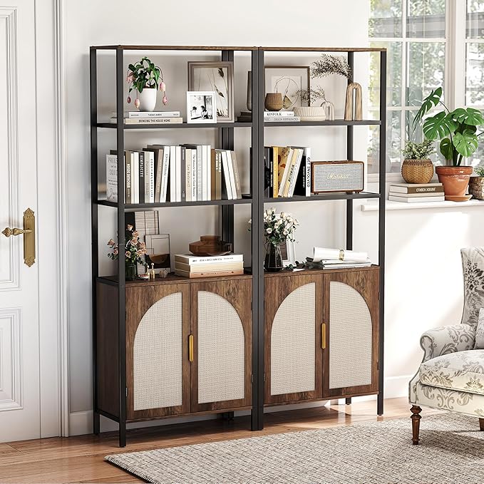 Bookshelf with Rattan Doors, 5 Tier Book Shelf Storage Organizer - Image 9