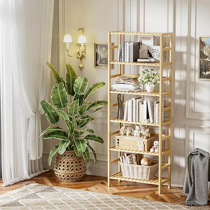 HITNET Bamboo Shelf, 6-Tier Adjustable Tall Open Bookcase, Bathroom Storage - Image 2