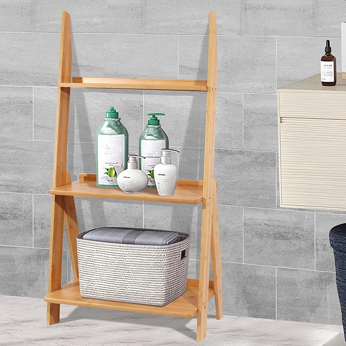 DOUSY-3-Tier Ladder Shelf, Bamboo Ladder Bookshelf Leaning Bookcase Trapezoid - Image 7