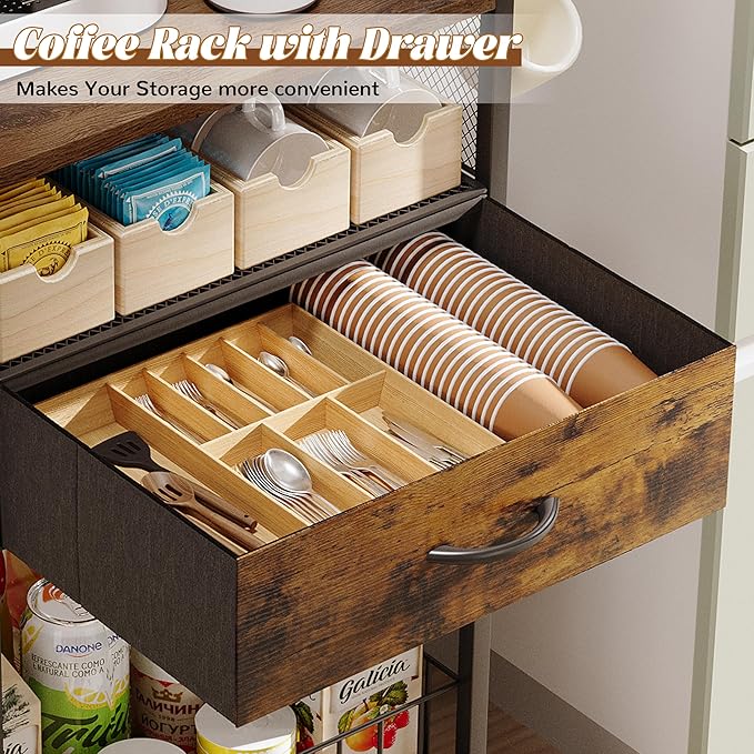 Small Coffee Bar Cart with Drawer Srorage, Coffee Bar Station Organizer Mug Cup - Image 2