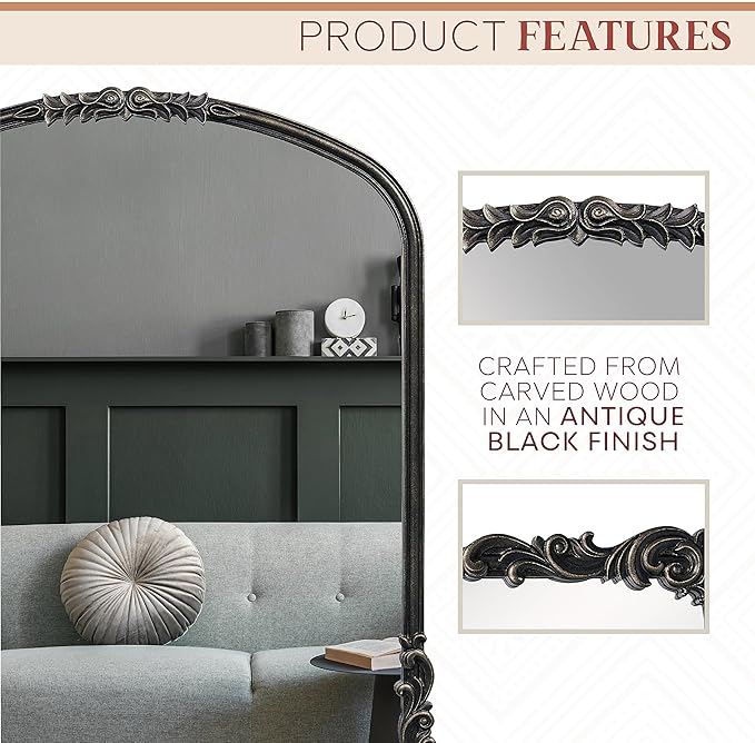 English Estate Carved Arch Wood Wall Mirror, Mirror - Image 4