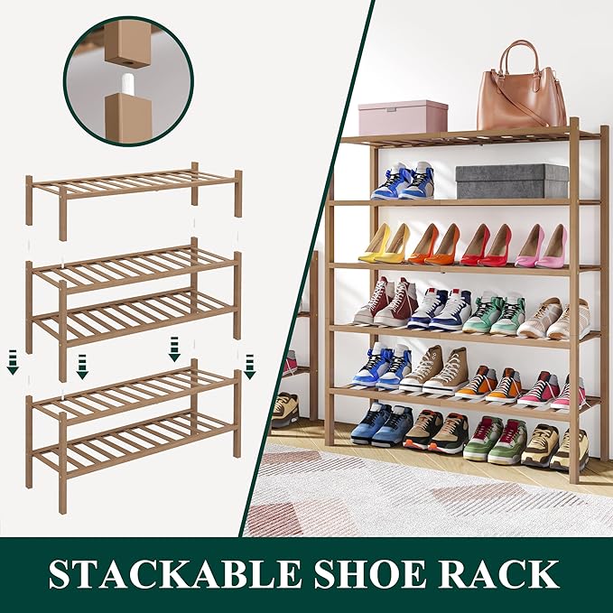 Smiry Shoe Rack, 6 Tier Thick Bamboo Shoe Organizer, Stackable Free Standing - Image 4