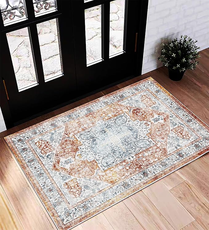 Area Rug 2x3 Washable Rug Door Mat Vintage Distressed Rug Doormat Indoor by CHAMPLANT