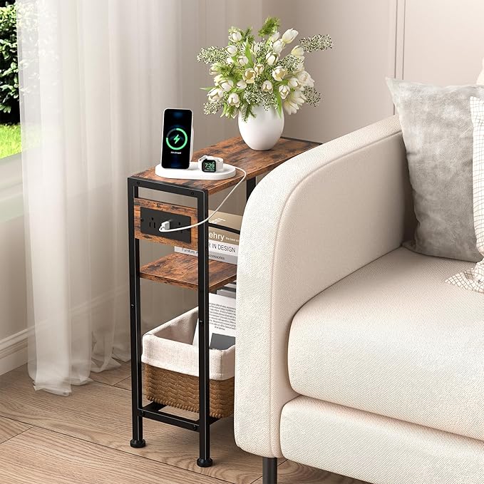 Small Narrow Side Table with Charging Station, Skinny End Table - Image 9