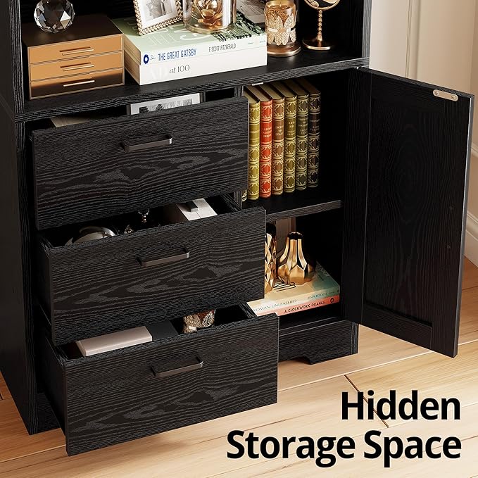 IRONCK Bookshelf with Door and 3 Drawers, 71in Tall Bookcase Shelf with 3-Tier - Image 4