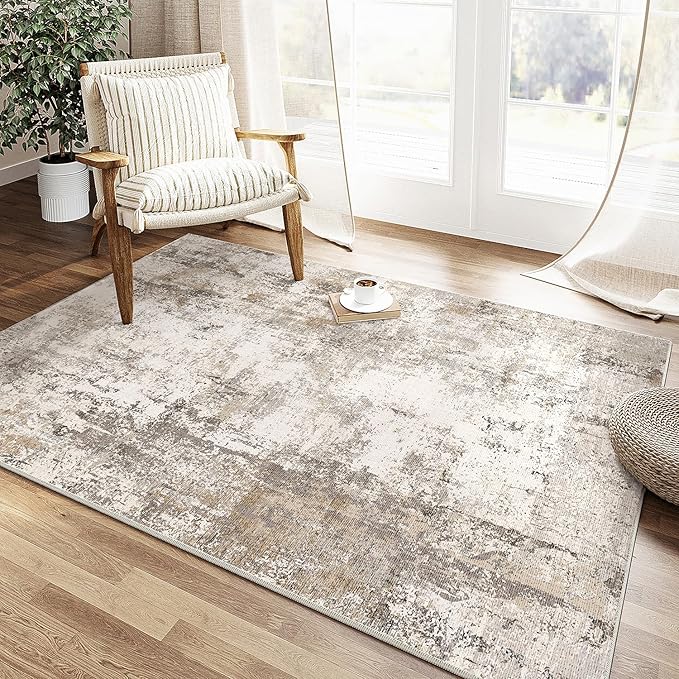 4x6 Washable Area Rug Brown Grey Neutral Abstract Entryway Kitchen Non Slip Low by WondRg