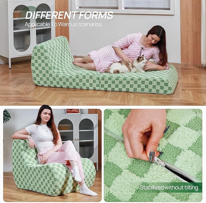 Bean Bag Chair with Checkerboard Shaker Fleece Fabric, Folding Sofa Bed - Image 6