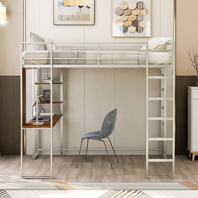 Full Size Metal Loft Bed with 2 Storage Shelves and 1 Desk, Steel Structure Bed by Favfurish