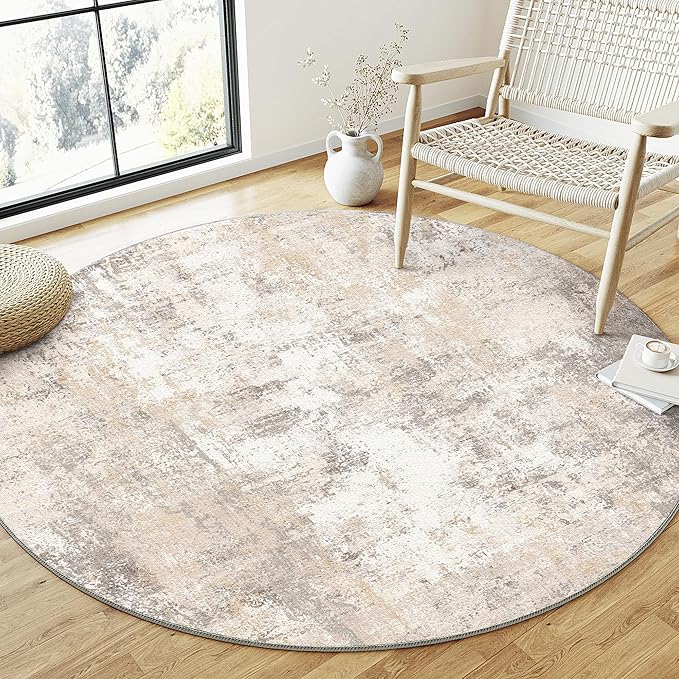 5x5 Washable Round Rug Beige Grey Neutral Abstract Living Room Bedroom Non Slip - Image 2