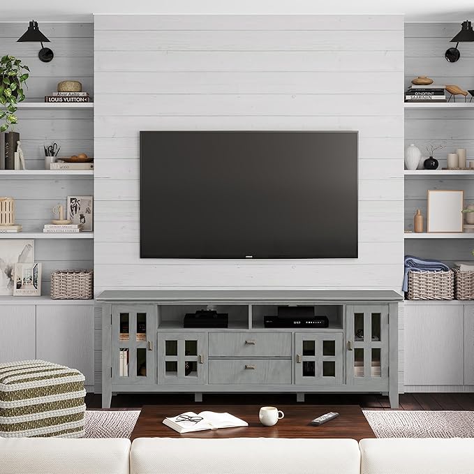 SIMPLIHOME Artisan SOLID WOOD 72 Inch Wide Contemporary TV Media Stand in Fog - Image 2