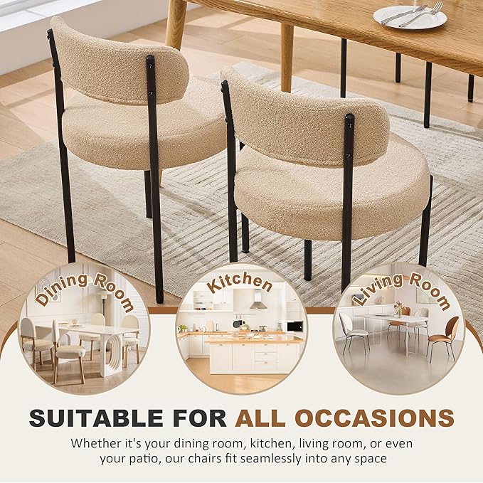 Boucle Dining Chairs, Kitchen Dining Room Chairs Curved Backrest Upholstered - Image 6