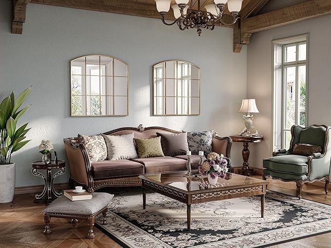 36" x 36" Farmhouse Arched Wall Mirror, Rustic Large Grid Mirror - Image 2