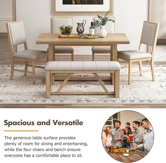 Merax Farmhouse Wood 6-Piece Dining Set, 59.6 inch Rectangular Table, 4 - Image 6