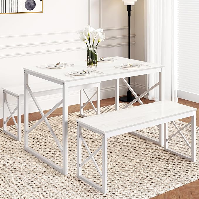 VECELO Dining Table with 2 Benches by VECELO