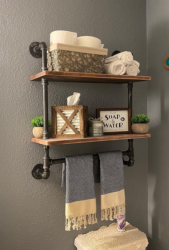 SSS Furniture Industrial Pipe Shelf Bathroom Shelves Wall Mounted, 2 Tier - Image 3
